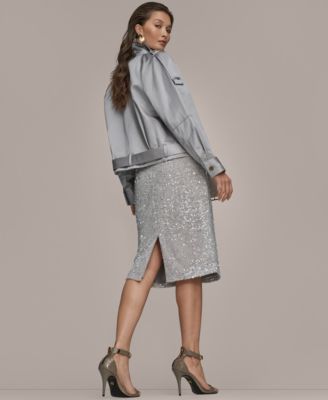 Women's Long-Sleeve Belted Jacket, Short-Sleeve Mock Neck Sweater, and Sequin Detail Midi Skirt
