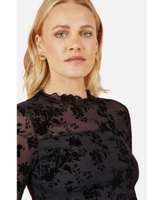 Women's Flocked Floral Stretch Mesh Top