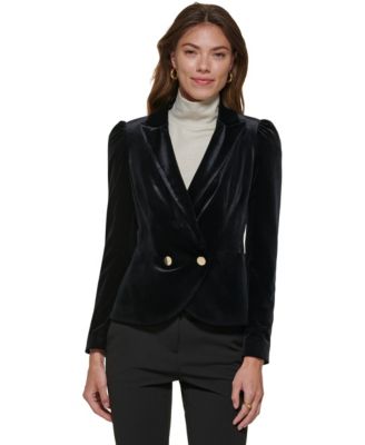 DKNY - Petite Notch Collar Puff-Sleeve Velvet Jacket