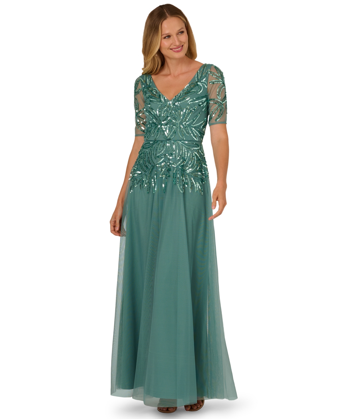 Adrianna Papell Women's Embellished Mesh V-neck Gown In Green