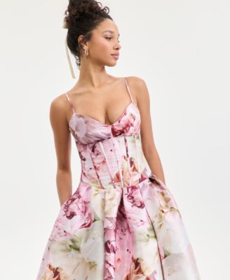 Juniors' Floral Print Corset Sleeveless Midi Dress