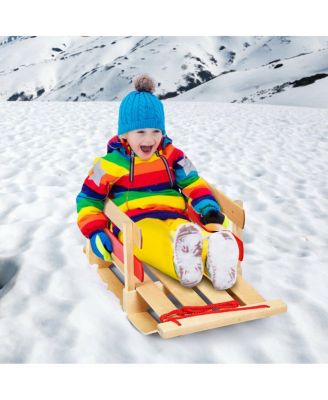 Wooden Snow Sled for Kids Classic Pull Sled with Backrest and Rope