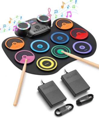 Colorful Roll-Up Electronic Drum Set with Flashing Lights, Dual Speakers & Headphone Jack for Kids