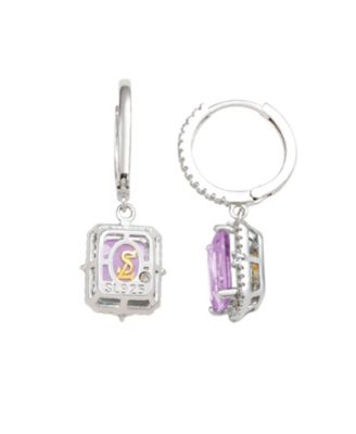 Suzy Levian Sterling Silver Emerald Cut Gemstone Halo Dangling Earrings