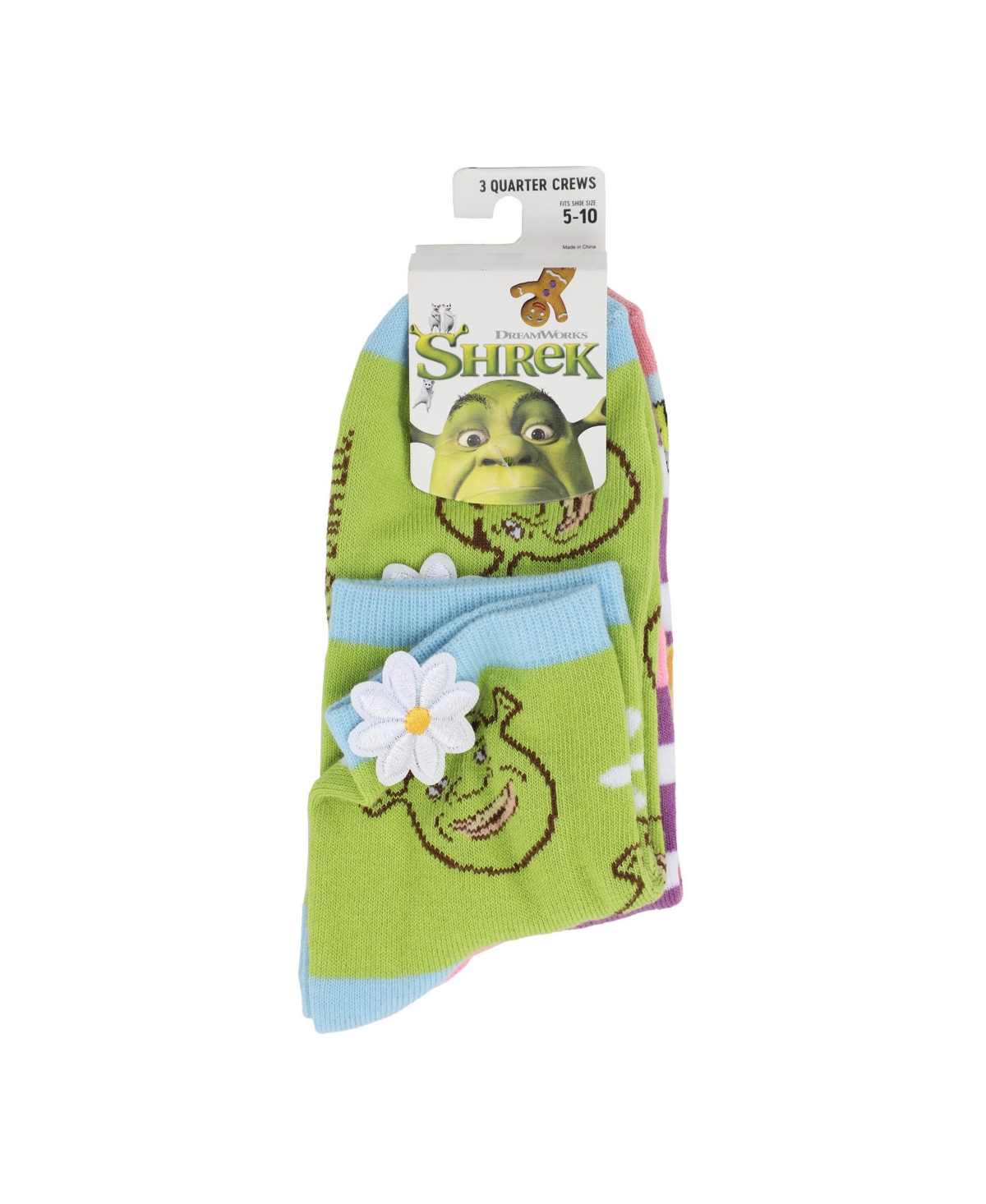 Shrek Characters & 3D Flowers Women's 3-Pair Casual Quarter Crew Ankle Socks
