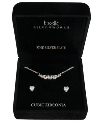 Silver-Tone Cubic Zirconia Heart Necklace and Stud Earrings Set