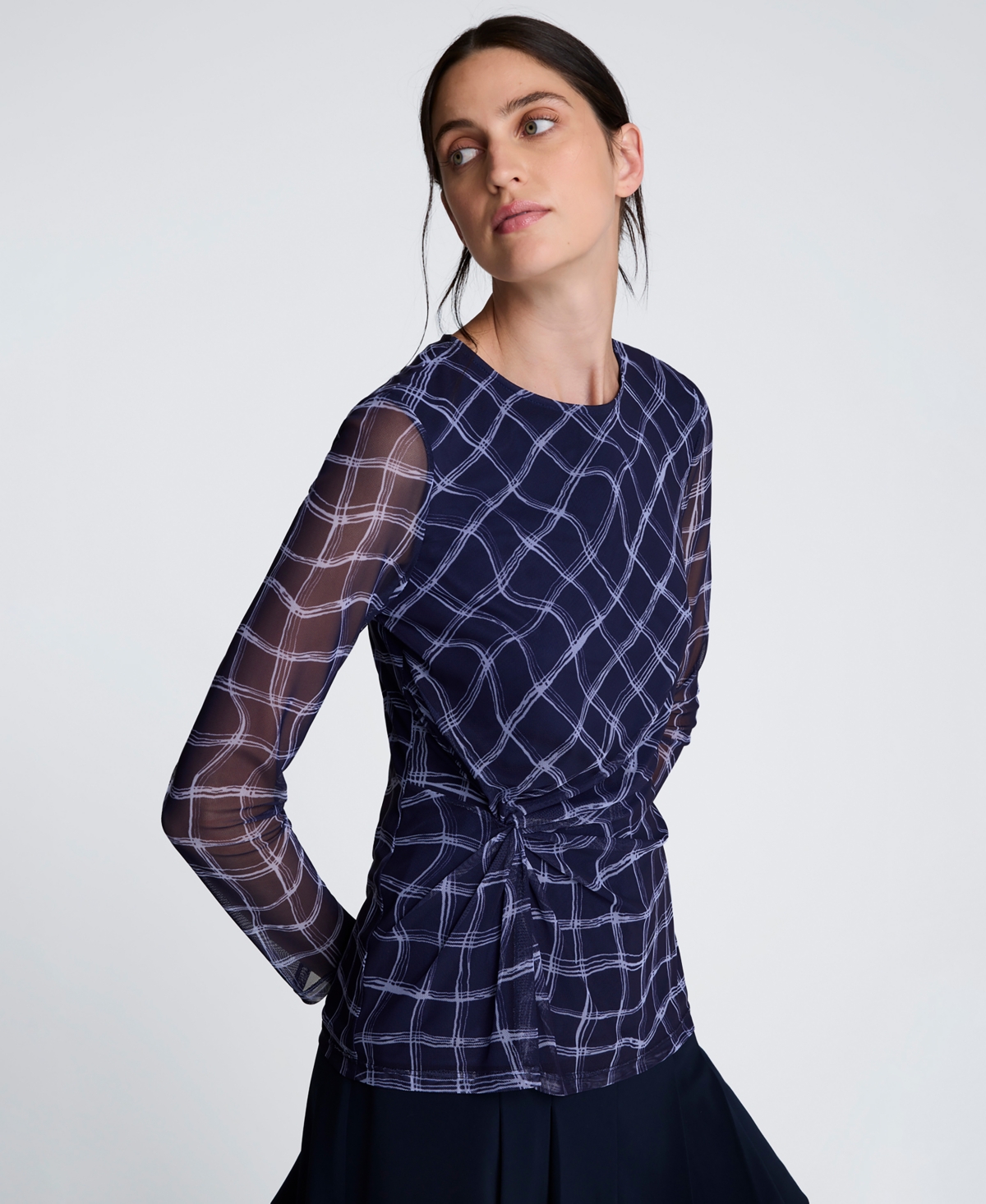 Kenneth Cole Women's Knotted Waist Plaid Long-Sleeve Top