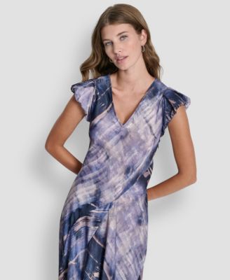 Women's Puff-Sleeve Printed Satin Bias Cut Dress
