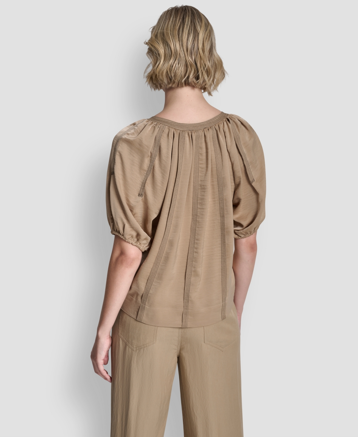 Dkny Women's Puff-sleeve Top Stitch Tie Front Blouse In Brown