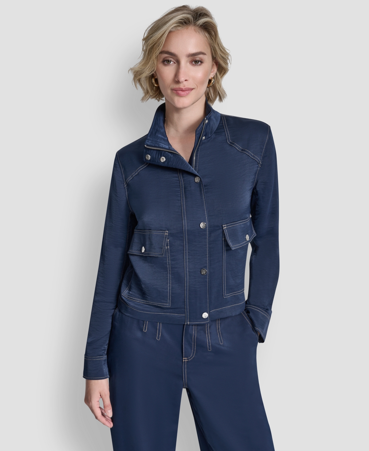 Dkny Women's Top Stitch Glazed High Mock Neck Dressing Jacket In Blue
