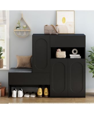 Shoe Storage Bench with Cushion Seat, Doors, and Shelves