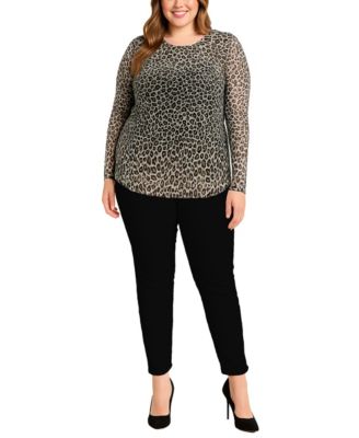 Plus Size Jaguar Mesh Scoop neck Long sleeve Top