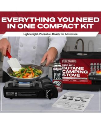 Portable Butane Camping Stove, Piezo Ignition 7,650 BTU Output, Wind-Guard Portable Stove Burner with Portable Carrying Case for Emergencies, Trips