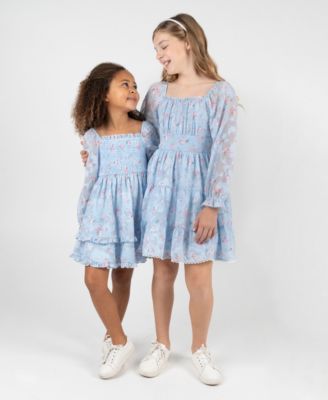 Rare Editions - Girls' 7-16 Floral Burnout Chiffon Long-Sleeve Dress