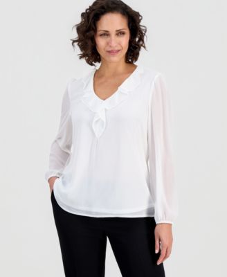 Women's Ruffled Blouson-Sleeve Blouse