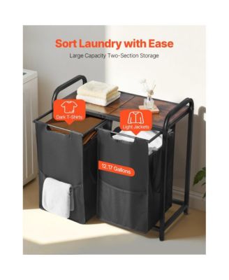 2-Section Laundry Sorter with Pull-Out Bags and Wooden Top