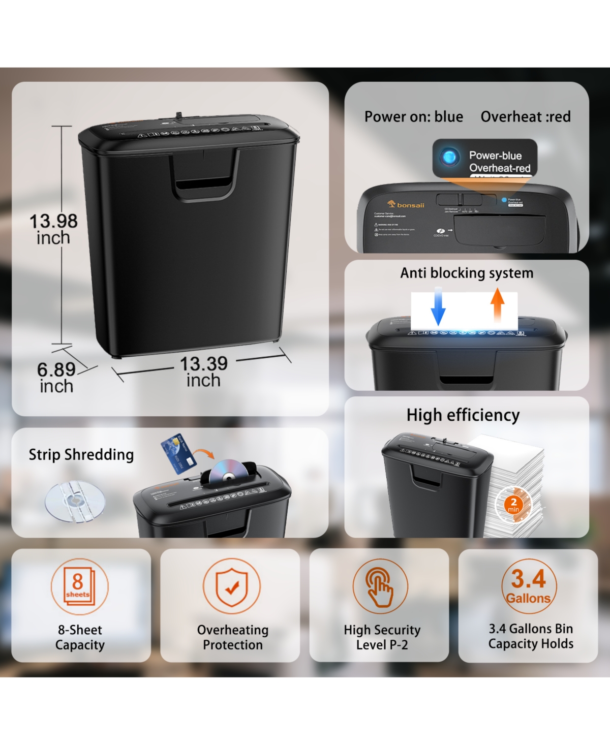 Bonsaii 8-Sheet Strip-Cut Shredder for Home Office, Shreds CDs/Credit Cards, with Overheat Protection and 3.4-Gallon Wastebasket