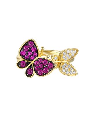 14k Gold Plated Sterling Silver with Red &  Cubic Zirconia Double Butterfly Stacking Ring