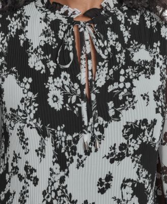 Petite Printed Tie Split Neck Pleated Bodice Dress