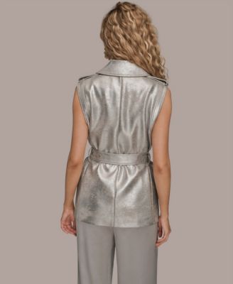 Women's Notch Lapel Collar Metallic Belted Vest