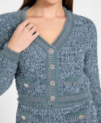 Women's Long Sleeve Aomori Tape Yarn Detail V-Neck Cardigan Sweater