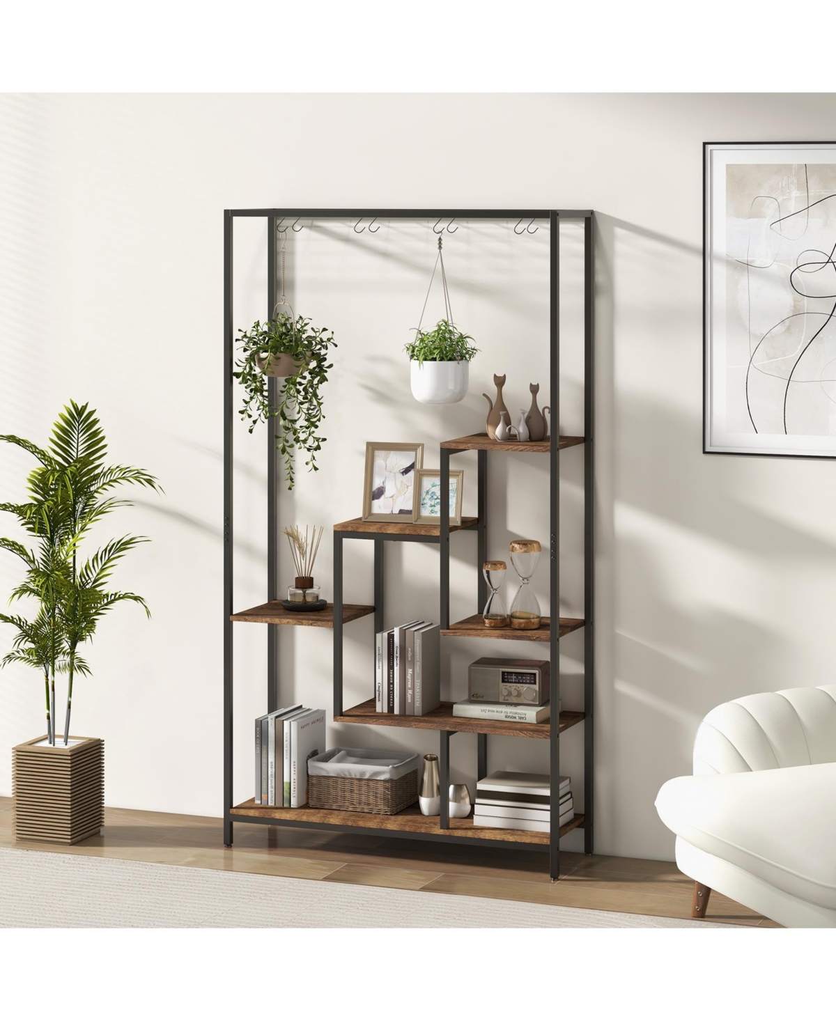 Sugift 6-Tier Tall Plant Stand 71 Inch Metal Indoor Plant Shelf with 10 Hanging Hooks