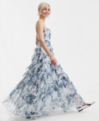 Juniors' Tiered Floral-Print Mesh Gown