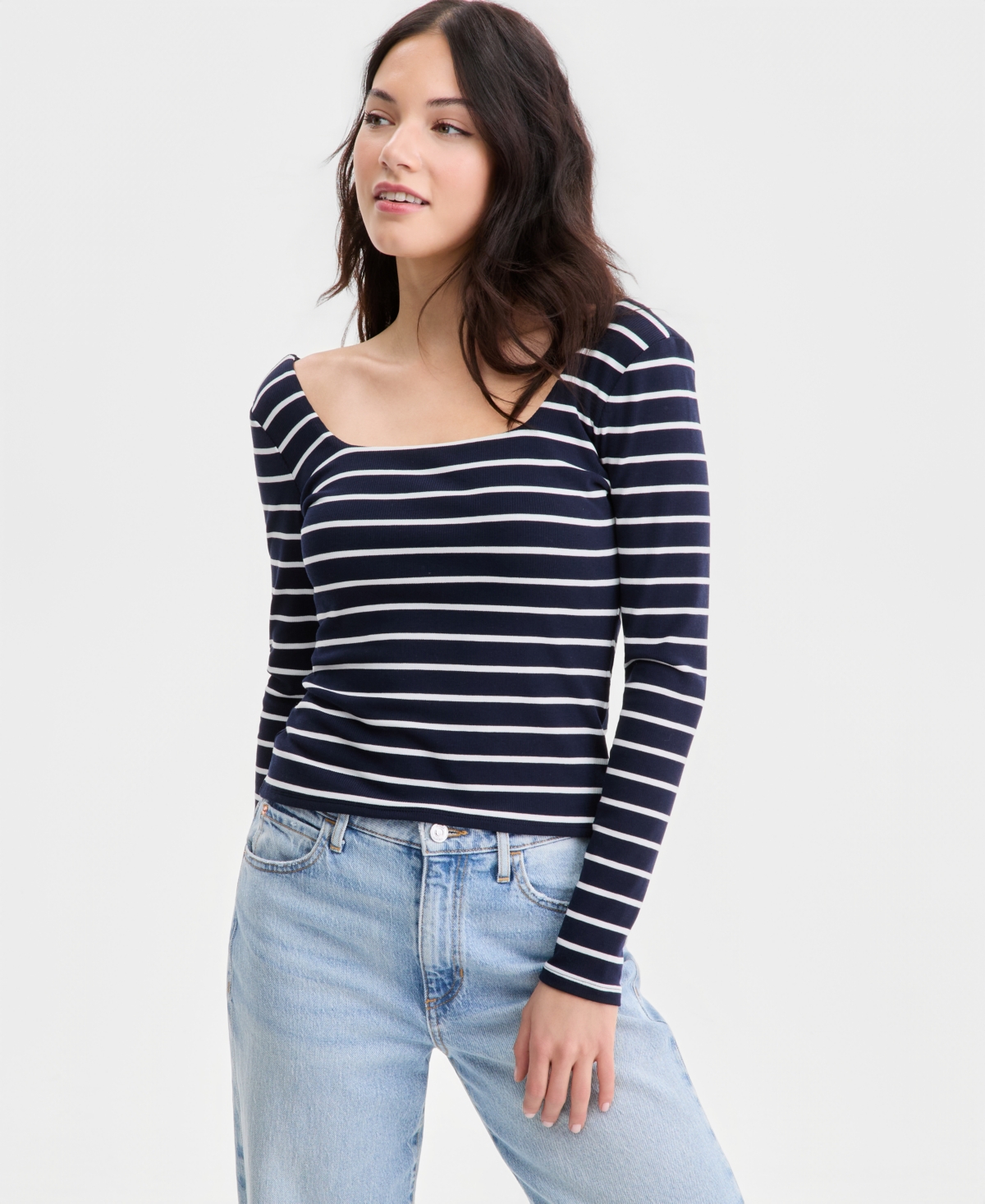 Guess Women's Chrystle Square-Neck Striped Long-Sleeve Top