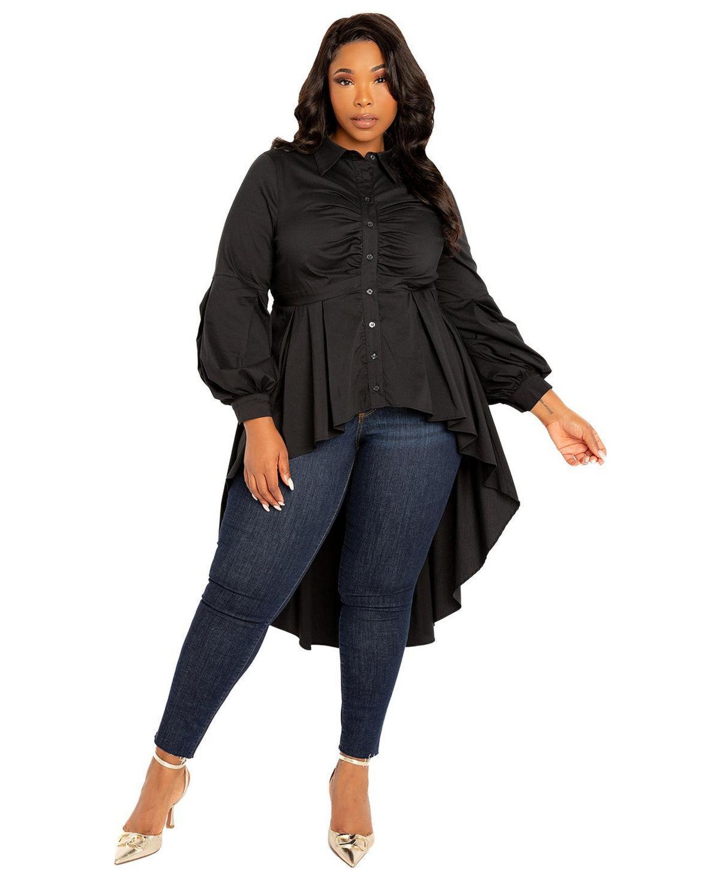Женская блузка Buxom Couture Plus Size High-low Peplum, цвет: Чёрный — фото 1