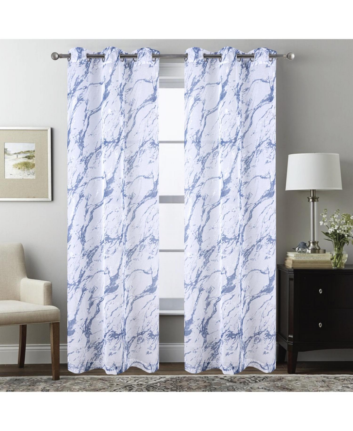 Rt Designers Collection Marble Grommet Metallic Sheer Printed Doily Curtain Panel 54" x Blue