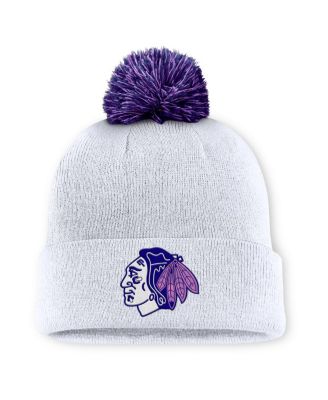 Men's White Chicago Blackhawks Authentic Pro Hockey Fights Cancer Cuffed Knit Hat with Pom