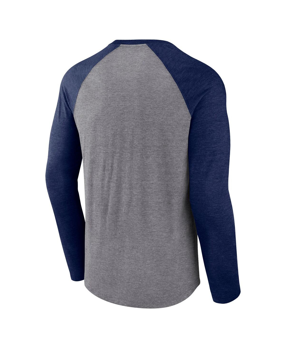 Fanatics Men's Heather Gray/Heather Deep Sea Blue Seattle Kraken Goal Crease Raglan Tri-Blend Long Sleeve T-Shirt