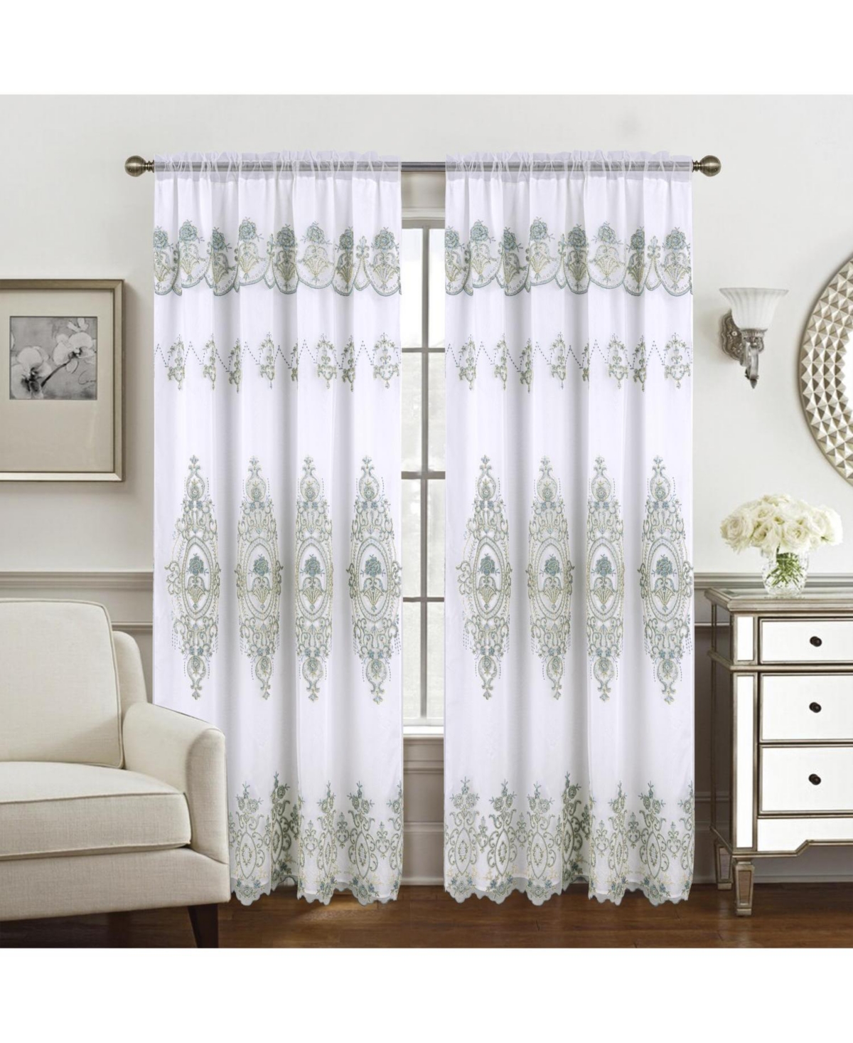 Rt Designers Collection Daisy Embroidery Grommet Curtain Panel With Attached Valance 54" x 84" Ivory/Teal