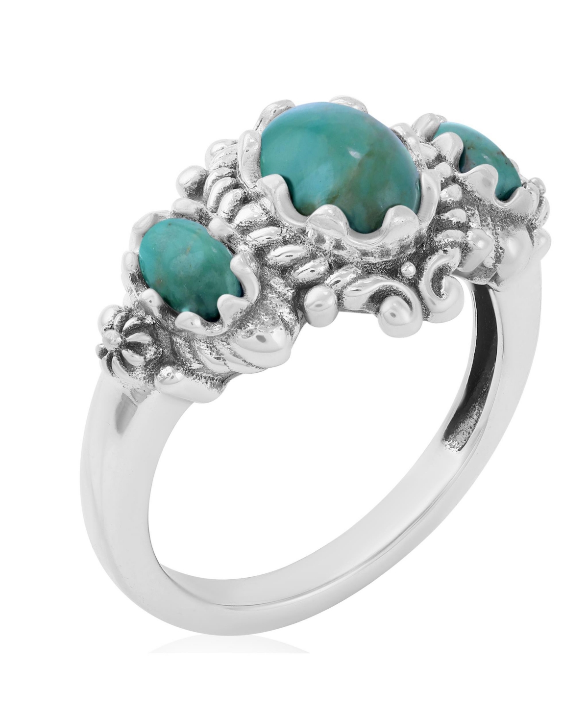 American West Jewelry Sterling Silver Green Turquoise 3-Stone Oval Scalloped Bezel Ring