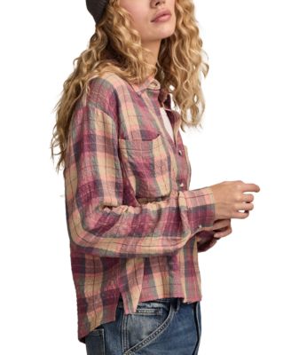 Women's Cropped Plaid Drapey Long-Sleeve Shirt