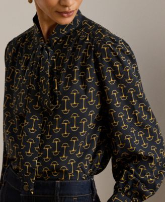 Women's Geo-Print Crepe Tie-Neck Blouse