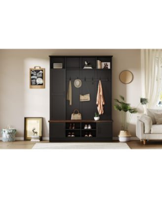 Versatile 3-in-1 Hall Tree with 6 Hooks Walnut Storage Bench 55" Entryway Coat Rack