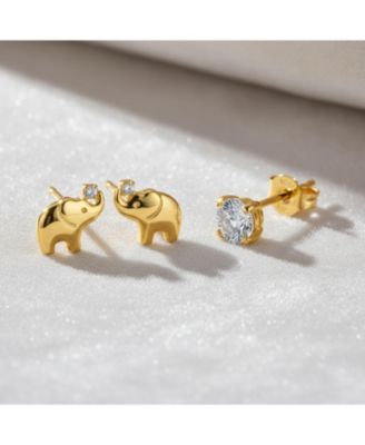 Set of 2 Tiny Minimalist CZ Accent Lucky Elephant & Round Solitaire CZ Yellow 14K Gold Stud Earrings Screw back