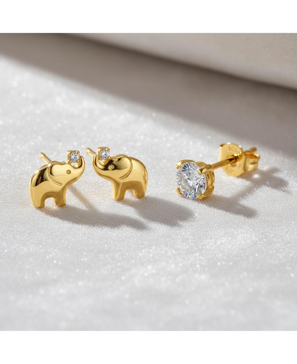 Bling Jewelry Set of 2 Tiny Minimalist Cz Accent Lucky Elephant & Round Solitaire Cz Yellow 14K Gold Stud Earrings Screw back