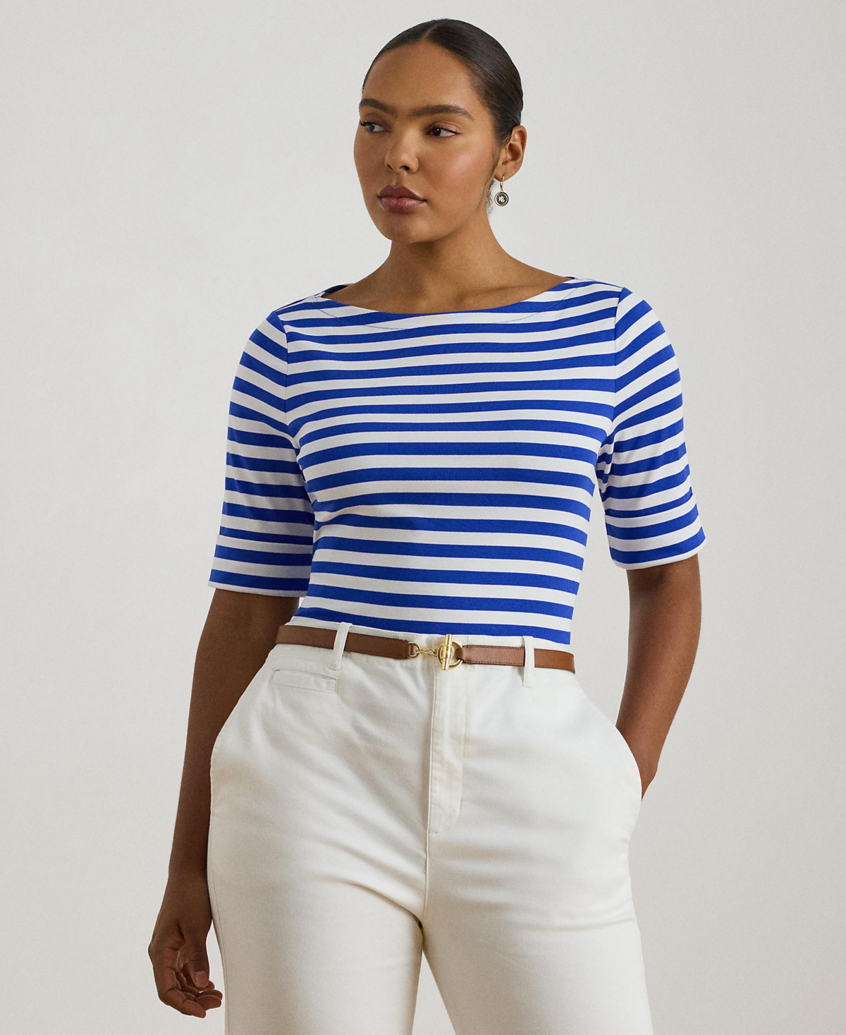 Lauren Ralph Plus Striped Boat Neck T-Shirt