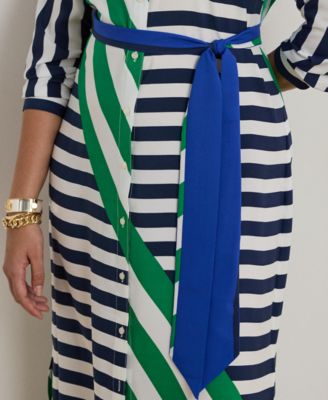 Plus Size Striped Point Collar Shirt Dress