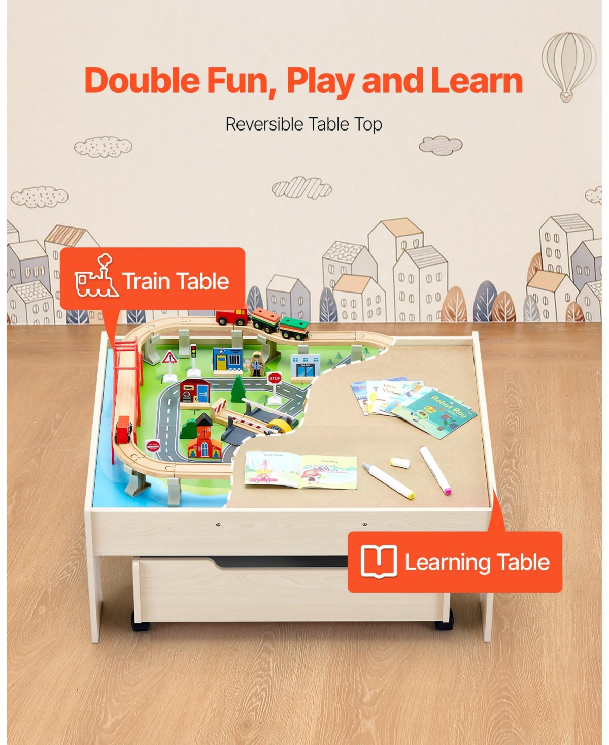 Mecale 3-in-1 Wooden Train Activity Table with 100 Pcs and Rolling Drawer
