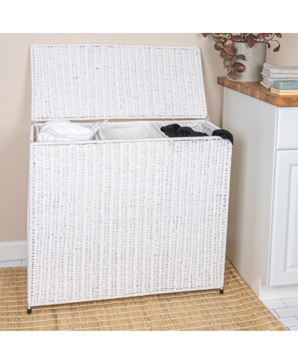 Household Essentials 3 Compartment Laundry Sorter, Wicker Laundry Sorter, White