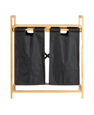 Bamboo Pull Out Double Hamper with Shelf, Natural and Black