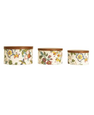 Floral Nestable Hat Boxes with Lids, Cream and Blue, Set of 3