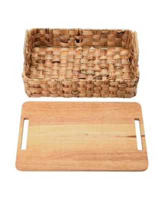 Stackable Hyacinth Baskets with Oak Lids, Set of 2