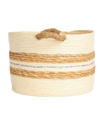 Handwoven Corded Paper and Cattail Striped Baskets with Handles, Set of 3