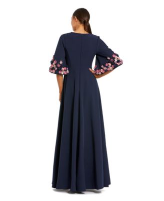 Women's Crepe 3/4 Sleeve A-line Gown With Flower Trim