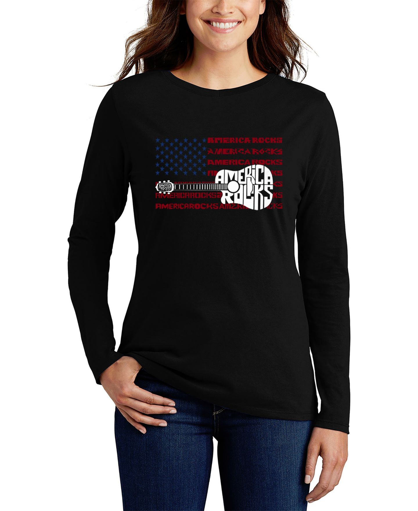 Женская футболка LA Pop Art America Rocks Word Art Long-Sleeve, цвет: Чёрный — фото 1