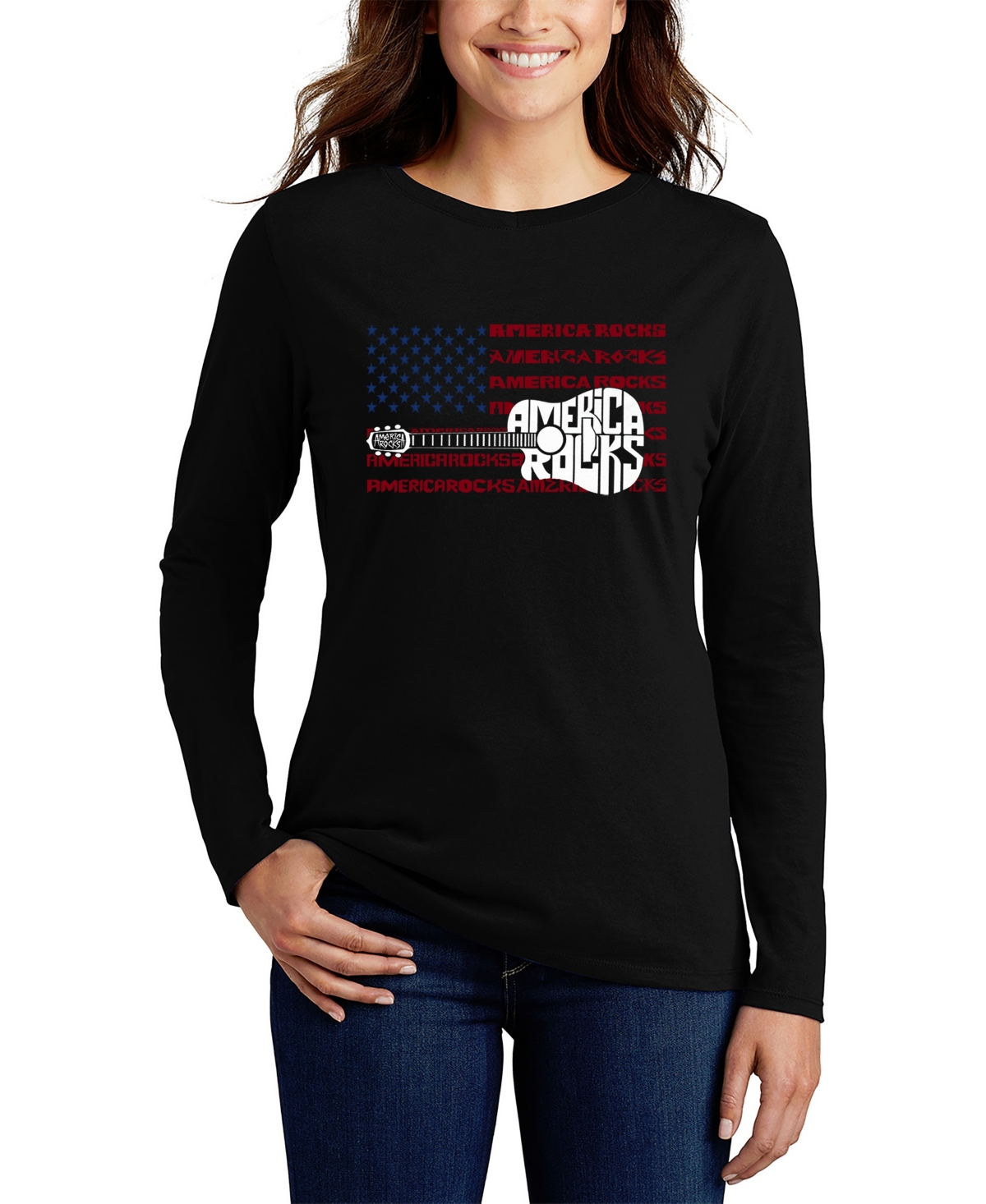 La Pop Art Women's America Rocks Word Art Long Sleeve T-shirt In Black